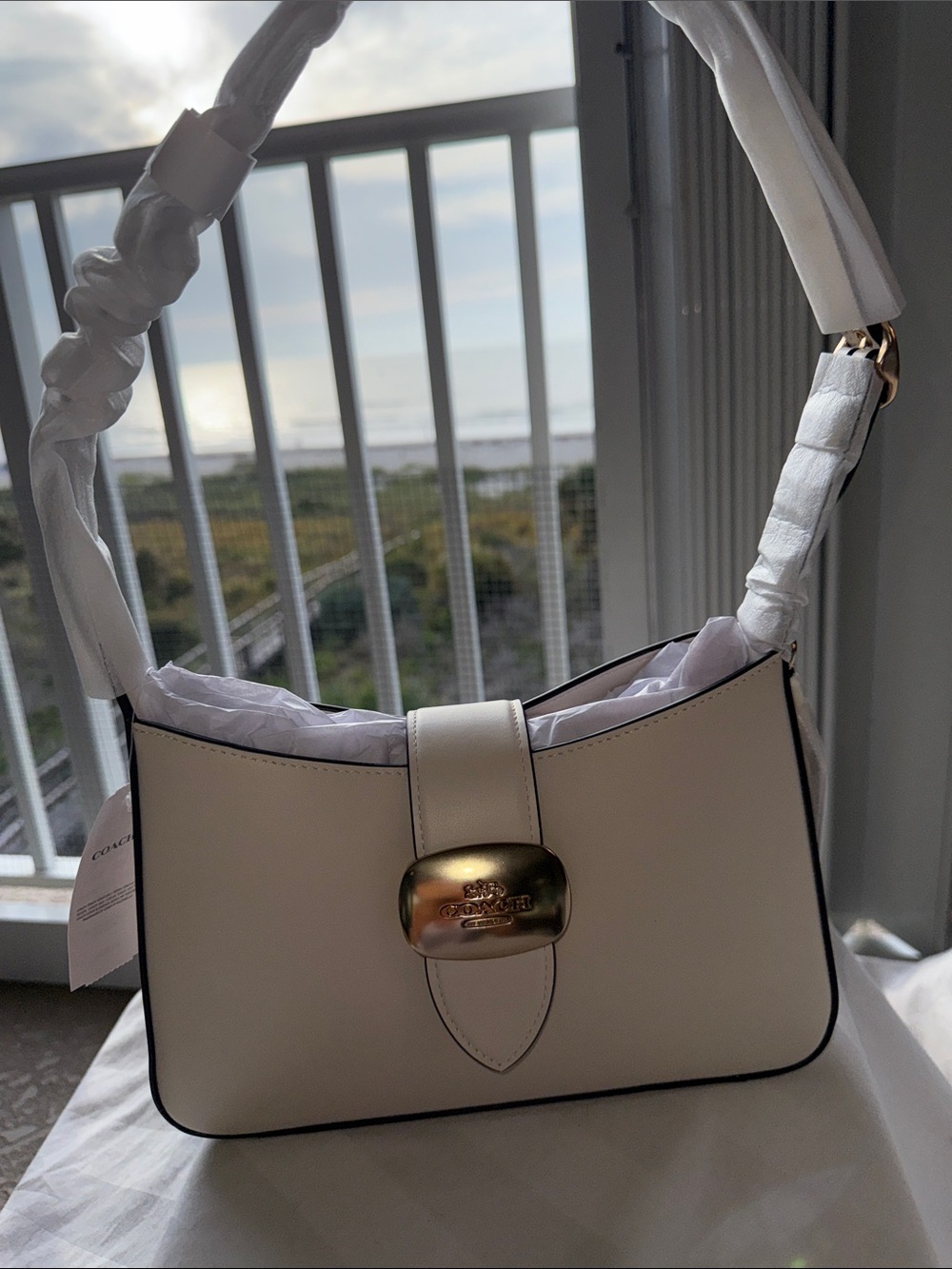 NWT - Coach Cream Leather Shoulder Bag with Gold Accent. So Unique!